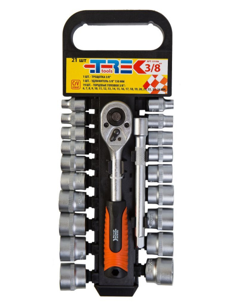 Набор головок 21 предм. 3/8" с трещоткой и удлинителем 150 мм TREK  №33106
