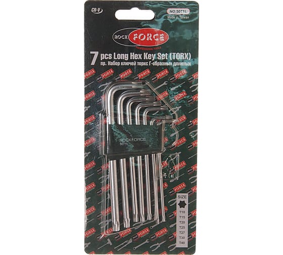 Набор ключей торкс RF-5071L: Г-образных удлиненных T10-T40 7пр. на пласт. держат. ROCK FORCE /1/50