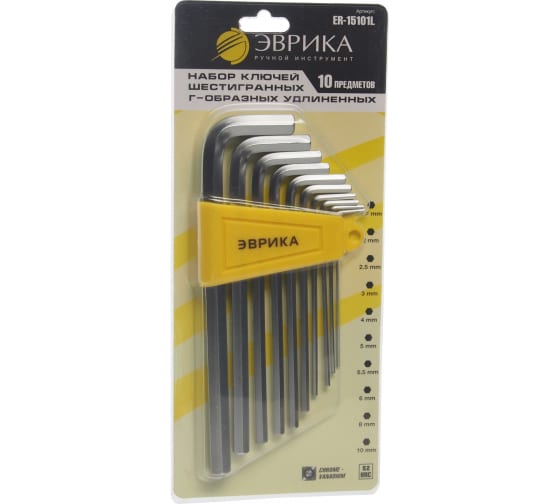 Набор ключей шестигранных ER-15101L:Г-образных удлиненных 1.5-10мм 10пр. ЭВРИКА /1/12/60