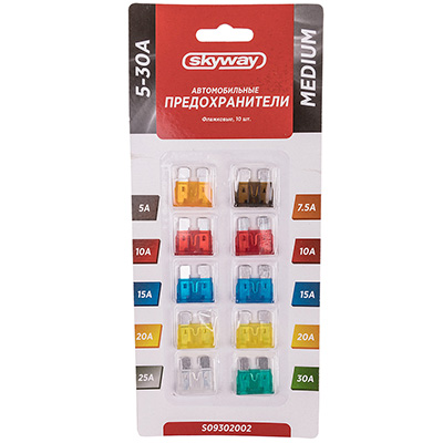 Предохранитель керамический цилиндрический набор 10шт. 5-25А блистер SKYWAY S09303002