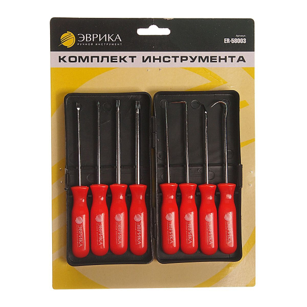Набор ER-58003 шило (1 шт.)/крючки (изогнутый, 45°, 90°)/отвертки (Sl 1/8, Ph #0, T15, T20), 8 предм